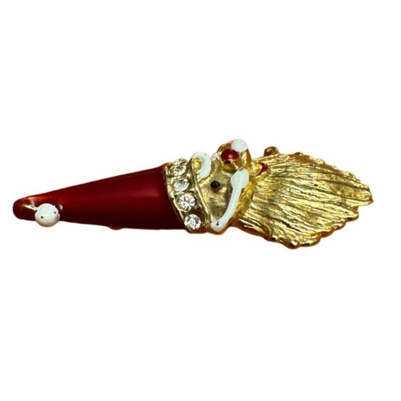 Vintage Santa Claus Brooch Pin Gold Tone with Red Hat and Rhinestones Holiday - Picture 5 of 7